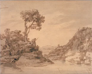 Landschaft mit Figur am Ufer eines Teiches