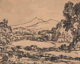 Landschaft mit einem See und einem fernen Berg