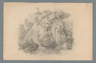 Landschaft mit einem Mann, der bei einem Wasserfall sitzt