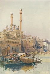 Die Ghats unterhalb der Aurangzeb-Moschee, Benares, ca. 1880