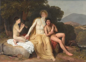 Apollon, Hyazinth und Zypresse musizieren und singen
