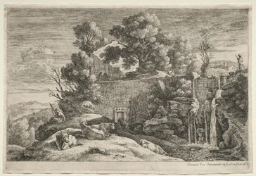 Landschaft mit einer Frau beim Spinnen