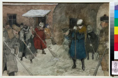 Menschen fegen Schnee auf einer Straße im Winter