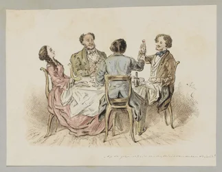 Vier Figuren, die an einem Tisch einen Toast ausbringen