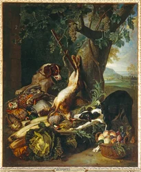Totes Wild, Gemüse, Früchte und zwei Hunde