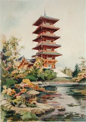 Japanischer Turm im Königlichen Park von Laeken, Belgien, aus Orientalisme et Architecture Contemporaine, graviert von Jules Adolphe Chauvet (geb. 1828)