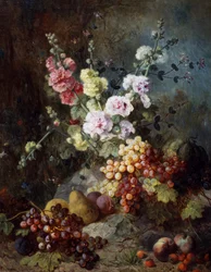 Stillleben mit Blumen und Früchten mit Trauben, Birnen, Pflaumen und Himbeeren