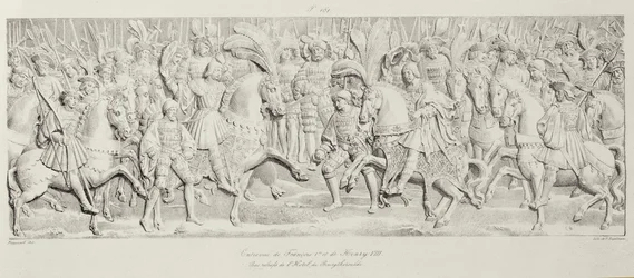 Treffen von Franz I. und Heinrich VIII. auf dem Feld des Goldenen Tuchs, nach dem geschnitzten Steinrelief im Hotel de Bourgtheroulde, Rouen, Normandie, 1501-37, graviert von Godefroy Engelmann