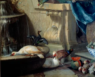 Enten, Fasan, Obst in der Nähe eines Brunnens (Detail)