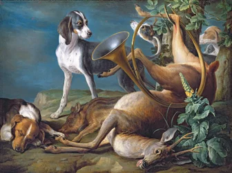 Stillleben mit erlegtem Wild und Jagdhunden, 1730