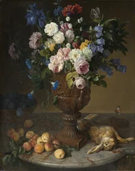 Urne mit Blumen, Früchten und Hase, 1715