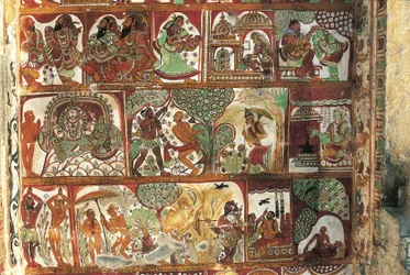 Fresken, die das Leben von Shiva darstellen, im Schrein für Parvati, Nataraya-Tempel, Chidambaram, Tamil Nadu, Indien, 5. Jahrhundert