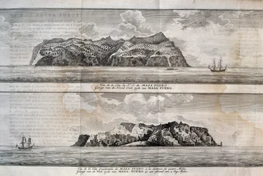 Ansicht der Insel Alejandro Selkirk oder Mas Afuera, Juan-Fernández-Archipel, Chile, Gravur