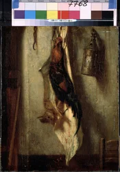Stillleben mit Hahn und Hase, aufgehängt an einem Haken, und Laterne