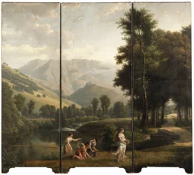 Eine arkadische Landschaft mit Mädchen, die Blumen am Flussufer sammeln, eine Burg auf dem Hügel dahinter, 1801