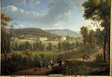 Ansicht des Dorfes Jouy en Josas (Jouy-En-Josas) mit der 1785 von Oberkampf (1738 - 1815) gegründeten Fabrik. Gemälde von Alexandre Dunouy (1757-1841)