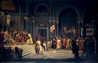 Erster Kreuzzug: Godefroy von Bouillon leistet dem byzantinischen Kaiser Alexios Komnenos in Konstantinopel Treue