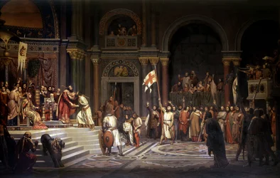 Gottfried von Bouillon wird von Alexios Komnenos, Kaiser von Konstantinopel, im Jahr 1097 empfangen, während der Verteidigung der Stadt gegen die Türken während des 1. Kreuzzugs 1096-1099