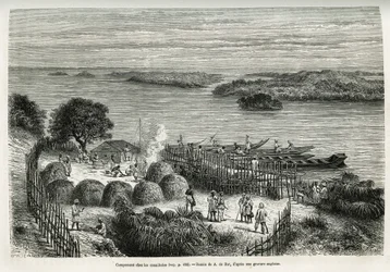 Das Lager befestigt die Expedition, um sich vor den Kannibalen Mouana Ntaba, nahe dem Fluss Leopold (Kongo), zu schützen, Zeichnung von A. De Bar, zur Illustration der Geschichte Durch den geheimnisvollen Kontinent, eine Reise zwischen 1874-1877, von Sir H