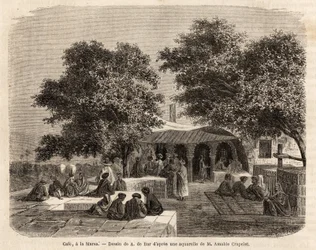 Ansicht eines Cafés in La Marsa (Tunis), Zeichnung von A.de Bar, zur Illustration einer Reise nach Tunis, 1859, von Amable Crapelet. Gravur in „Le tour du monde“, herausgegeben von Edouard Charton