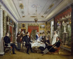 Die Familie Tarnovskj beim Teetrinken am Tisch