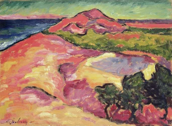 Küstenlandschaft mit rotem Hügel