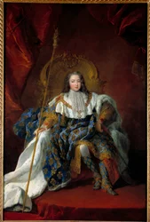 Porträt von Ludwig XV (1710-1774) als Kind auf seinem Thron in Krönungsgewändern. Gemälde von Alexis Simon Belle (1674-1734) 1723 Höhe 2,26x1,8 m