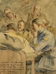Oberst Frid hört dem deutschen Major Vara zu (Zeichnung)