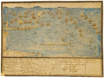 Eine topographische Darstellung der Schlacht von Livorno, ca. 1653