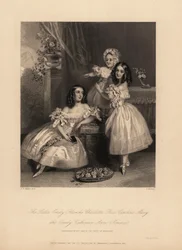 Porträt von Emily Blanche Charlotte, Rose Caroline und Emily Catherine Anne Somerset, Töchter von Henry Somerset, 7. Herzog von Beaufort. Drei junge Schwestern mit Locken in Satinkleidern mit Bändern und Spitze, Ballettschuhe. Stahlstich von J. Thomson und