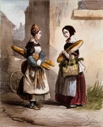 Kleine Berufe: die Bäckerei. Junger wandernder Brothändler. Druck von Alfred Andre Geniole aus Les femmes de Paris 1841-1842 Paris, Musee Carnavalet