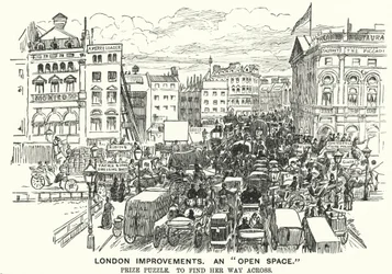 Punch-Karikatur: Londoner Verbesserungen. Ein "Offener Raum" - Verkehrsstau im viktorianischen London