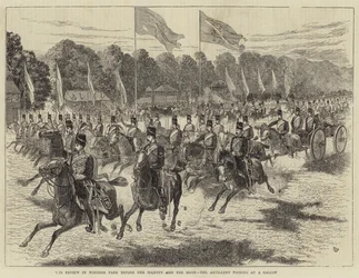 Die Parade im Windsor Park vor Ihrer Majestät und dem Schah, die Artillerie im Galopp (Gravur)