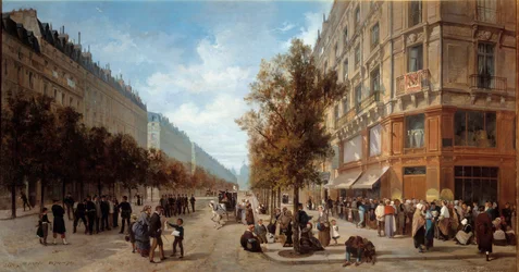 Belagerung von Paris: „Schlange vor der Tür eines Lebensmittelgeschäfts (Félix Potin) an der Ecke Rue Réaumur und Boulevard de Sébastopol im November 1870“. Gemälde von Alfred Decaen (1820-1893), 1870. Maße 1 x 0,7 m. Paris, Musée Carnavalet