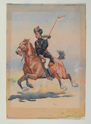 Ein Jat-Sowar der 6. Kavallerie, galoppierend mit geschulterter Lanze