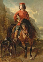 Junger Reiter auf einem Shetlandpony, mit einem Windhund, 19. Jahrhundert