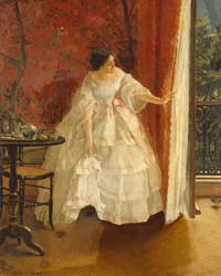 Dame am Fenster, die Vögel füttert, ca. 1859