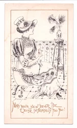 Viktorianische Neujahrskarte eines Ästheten, der eine Vase mit Pfauenfedern bewundert, ca. 1881 (monochrom)