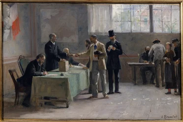 Allgemeines Wahlrecht: Ein Wahllokal im Jahr 1889. Skizze von Alfred Bramtot (1852-1894), 1889