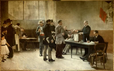 Allgemeines Wahlrecht. Ein Wahllokal im Jahr 1891. Gemälde von Alfred Bramtot (1852-1894), 1891, Les Lilas, Rathaus