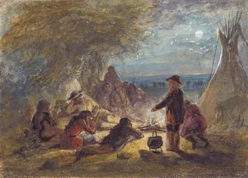 Lagerfeuer bei Nacht; Fallensteller erzählt ein Abenteuer, ca. 1858