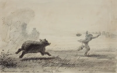 Fontenelle verfolgt von einem Grizzlybär, um 1837