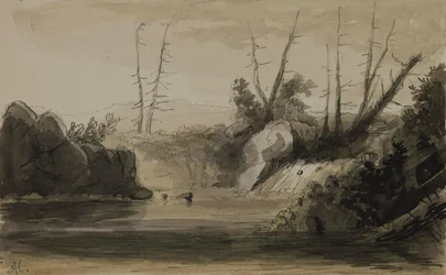 Ansicht eines Wasserfalls und eines kleinen Sees