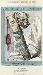 Der Efeu: Karikatur auf Jules Armand Dufaure (1798-1881) im Efeu, der eine Papierrolle mit der Aufschrift „Charta von 1830“ und ein Siegel mit dem Kopf von König Louis Philippe I. umgibt - Illustration vom 04.03.1871 in „Blumen, Früchte und Gemüse des Tage