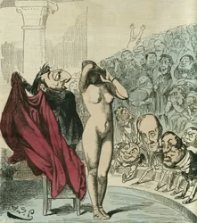 Die neue Phryne, nach einem Gemälde von Gerome, Phryne wäre die enthüllte Republik. in „L