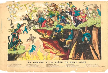 Flugblatt, Satirisch in Farben, ca. 1878: Jagd auf ein hundert Stück Silber - Teufel, Heilungen Illustration von Alfred Le Pete