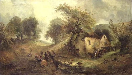 Kinder auf einem Pfad bei einer Mühle