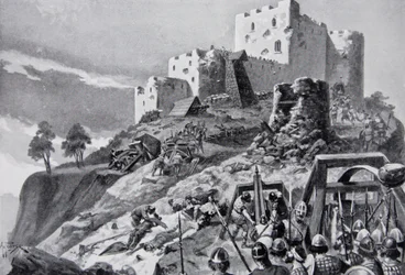 Der walisische Angriff auf Montgomery Castle im Jahr 1095 unter der Führung von Cadwgan ap Bleddyn, Prinz von Powys, Illustration aus 