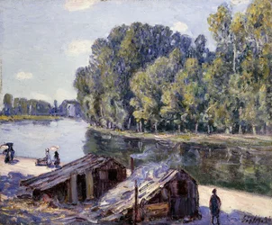 Hütten am Rand des Canal du Loing mit Sonnenschein