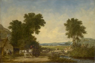 Bewaldete Landschaft mit Figuren in einem Wagen, um 1855
